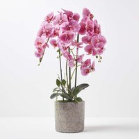 Homescapes Extra Large 82cm Lifelike Pink Artificial Orchid in Grey Cement Pot - Pink