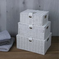 3x White Wicker Storage Baskets - White