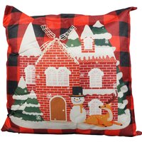 Christmas Themed Cushion Red Checkered With Windmill House - Red/Black