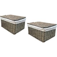 Set Of 2 Lidded Wicker Storage Basket Lined - Brown / 24cm