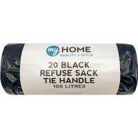Pack of 20 Refuse Sacks Tie Handle 100L - Black