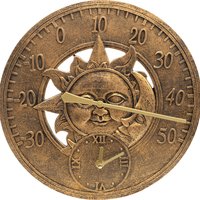 Vintage 12" Sun and Moon Outdoor Wall Clock and Thermometer - Copper