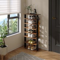 Livingandhome 8-Tier Vertical Shoe Rack with Side Hooks - Brown / 50cm