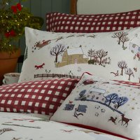 Cotswolds Christmas Printed Reversible Duvet Cover Set Super King - Cream/Burgundy