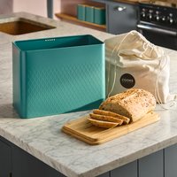 Diamond Pattern Bread Bin with Linen Bag Bamboo Cutting Board Lid - Teal