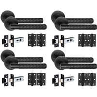 Knurled Diamond Cut T-Bar Door Handle Set w Ball Bearing Hinges and Latch - Black / 4 Set