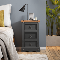 Corona 3 Drawer Bedside Cabinet Narrow Solid Wood Pine Wooden Bedroom - Charcoal