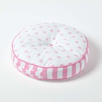 Pink White Hearts and Stripes Childrens Round Floor Cushion - Pink