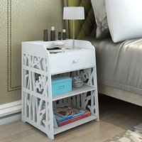 Hollow Carved Bird Pattern Side Table Nightstand with Drawer - White