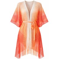 Women Mesh Kimono Cover Up with Belt Fringe Beachwear - Orange