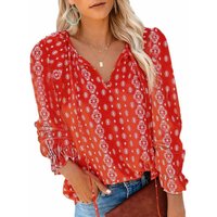 Floral Print V-Neck Long-Sleeve Blouse - Red / 116cm