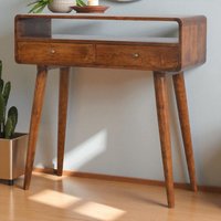 Solid Wood Curved Chestnut Console Table, 2 Drawers - Dark Brown