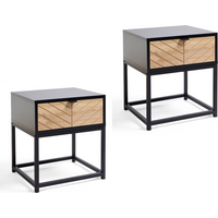 Set of 2 Side Tables Dalton Chevron Design Fronted Drawer - Black