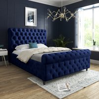 Savana Sleigh Upholstered Soft Velvet Bed Frame - Blue / King