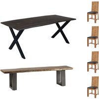 Live Edge Large Acacia Wood Dining Table Set Grey With 4 Chairs And 1 Bench - Light Wood