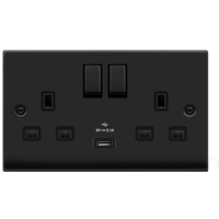 Matt Black 2 Gang 13A DP Ingot 1 USB Twin Double Switched Plug Socket - Matt Black