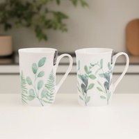 2 Botanical Eucalyptus Mugs Slim 9oz New Bone China Tea Coffee Cup - Cream / 1