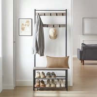 3-in-1 Coat Rack with Shoe Bench and Hooks - Brown with Black Frame