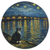 Van Gogh Starry Night Tuxedo Cat Textured Glass Round Trivet - Small Kitchen Chopping Board - Blue