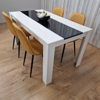 White Black Dining Table Wooden with 4 Mustard Stitched Leather Chairs Set - Black White