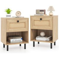 2PCS Boho Rattan Nightstand with Drawer - Natural