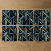 Gold Teal Geometric Pattern Coaster - Blue