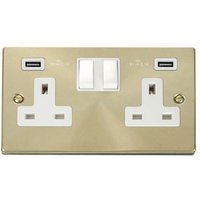 Satin Brushed Brass 2 Gang 13A 2 USB Twin Double Switched Plug Socket - White