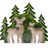Lost in the Forest Two Deer 3D Wooden, Mango Wood - Dark Green