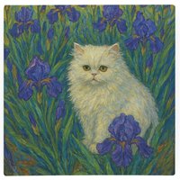 Van Gogh Irises Cat Portrait Glass Hot Pot Stand - Heat Resistant Non-Slip Trivet - Blue