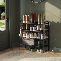 4 Tier Adjustable Metal Shoe Rack with Hooks, Black - Ink Black