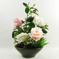 Mixed Artificial Rose Display in Ceramic Planter - Pink