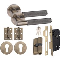 Straight T-Bar Knurled Euro Key Lock Door Handle Set Hinges - Antique Brass