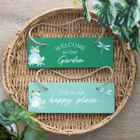 Garden Welcome Sign With Frog And Dragonfly Decor - Green