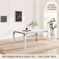 Skye Rectangular White Marble Glass and Metal 6 Seater Dining Table - White