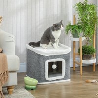 PawHut 2-Level Cat Cave Bed with Fluffy Balls - Grey