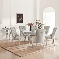 Skye Round White Marble Effect Dining Table 6 Grey Velvet Belgravia Chairs - White