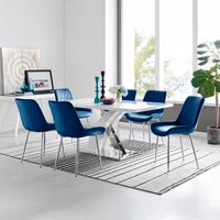 Atlanta 6 White Dining Table and 6 Pesaro Silver Leg Chairs - Navy