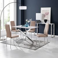 Leonardo White Glass Marble Effect Silver Leg Table And 4 Milan Chairs - Cappuccino