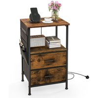 Nightstand with Charging Station - Brown / Metal, Fabric, MDF