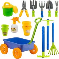 Pull along Kids Wagon Wheelbarrow and Gardening Tools Play Set - BLUE GREEN AND YELL0W