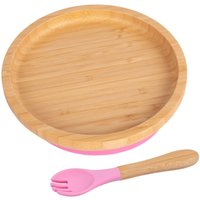 Bamboo Round Baby Weaning Plate Fork Set - Pink