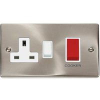 Satin Brushed Chrome Cooker Control 45A With 13A Switched Plug Socket - White