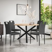 Malvern Round Oak Effect Dining Table Set w Black Oak Legs 4-6 Monza Linen Chair - Charcoal / 4
