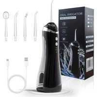 Portable Electric Dental Flosser with 4 Nozzles - Black
