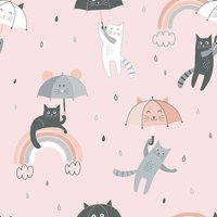 Raining Cats and Rainbows Wallpaper in Multicoloured - Red