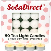 8 Hour Tealights Pack of 50 - Long Burn White Unscented Smokeless Candles - White