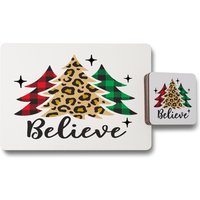 Christmas Trees With Leopard Print Dining Placemat Coaster Set - Brown