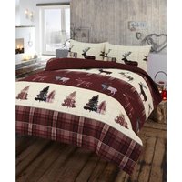 Flannelette Tartan Stag Duvet Cover Set Set - Brown / King