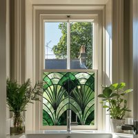 Gavardo Art Deco Stained Glass Privacy Window Film - Green / 75cm