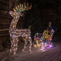 120CM Laser Deer and Sleigh with White and Warm White LED and Timer - White